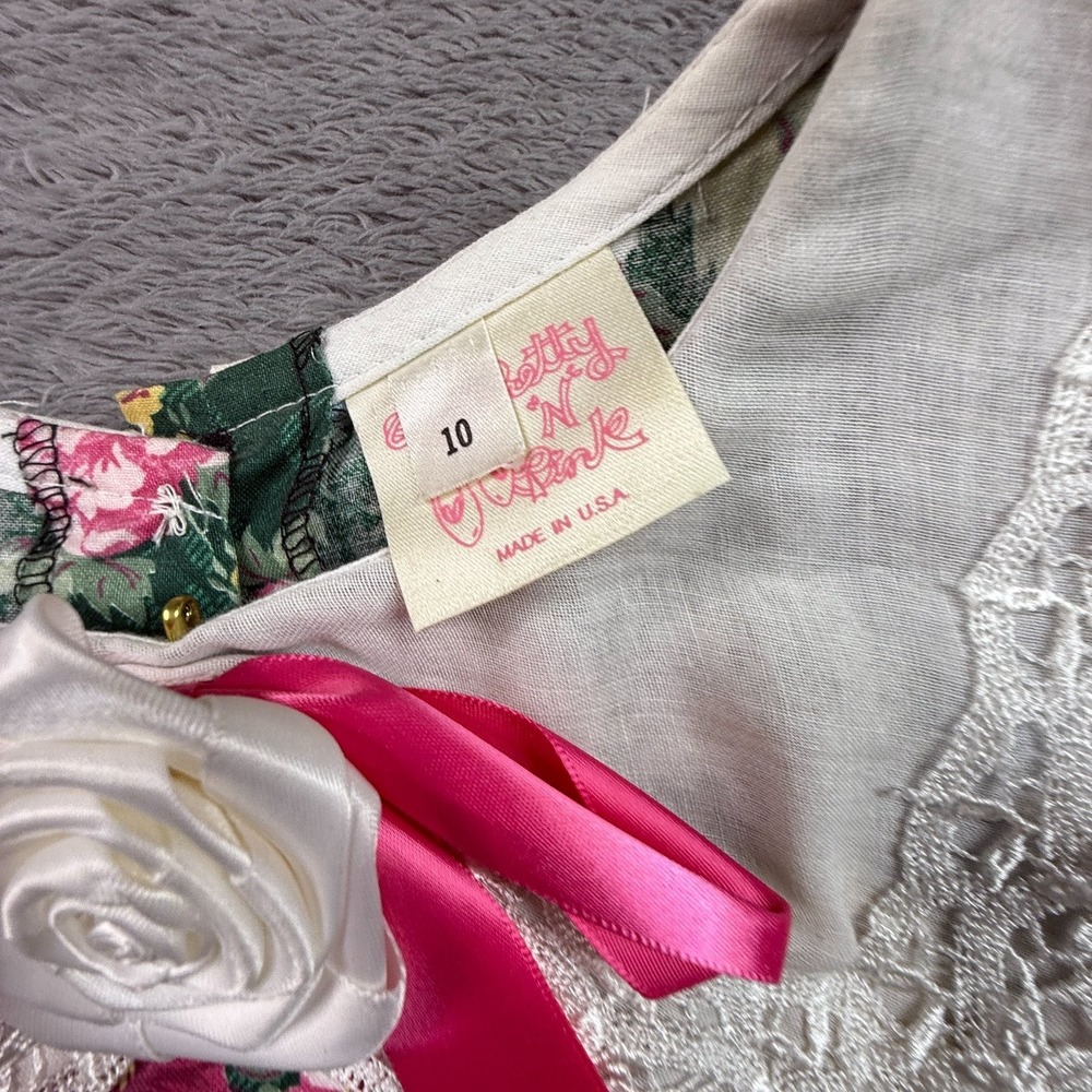 Vintage 80s Pretty N Pink Girls Dress Sz 10 Green Floral Lace Collar Cottagecore - Picture 3 of 6